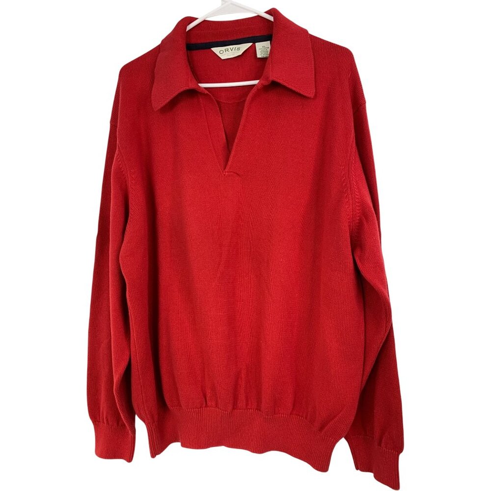 Orvis Red Pullover Sweater Cotton Size XL Mens Casual RO10230 Polo Collar Golf